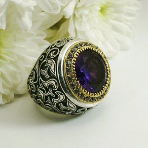 Bishop ring, Silver Gold Ring,  Round ring, Big Amethyst Ring,